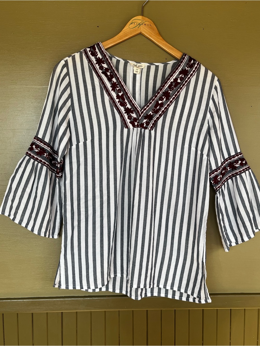 Tribal Jeans Embroidered Bell Sleeve Striped Tunic Small